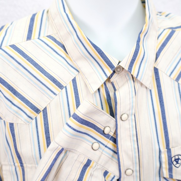 Ariat -2XL- Cream Yellow Blue Striped Pearl Snap Western Collared Dress Shirt - Picture 2 of 13
